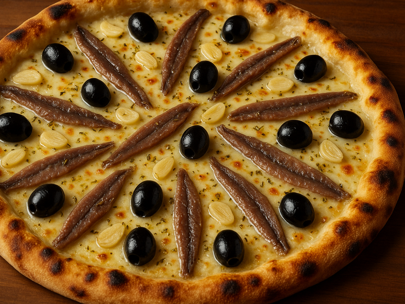 Garlic pizza with olives and anchovy’s